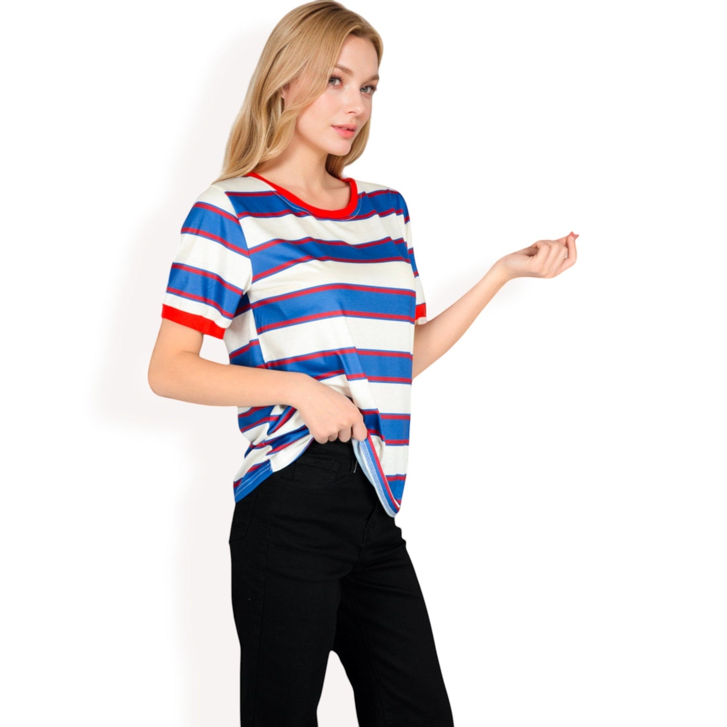 Short Sleeve Striped Casual Tee with Contrast Trim