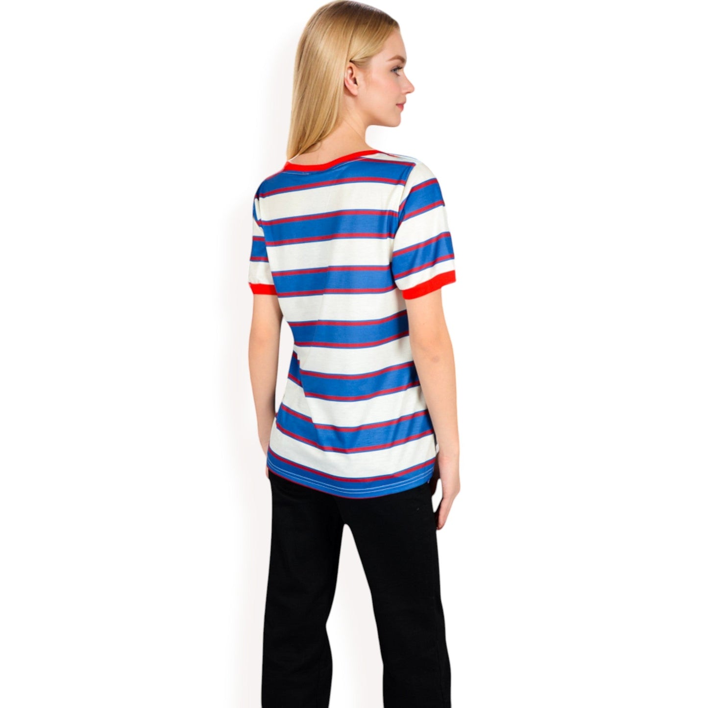 Short Sleeve Striped Casual Tee with Contrast Trim