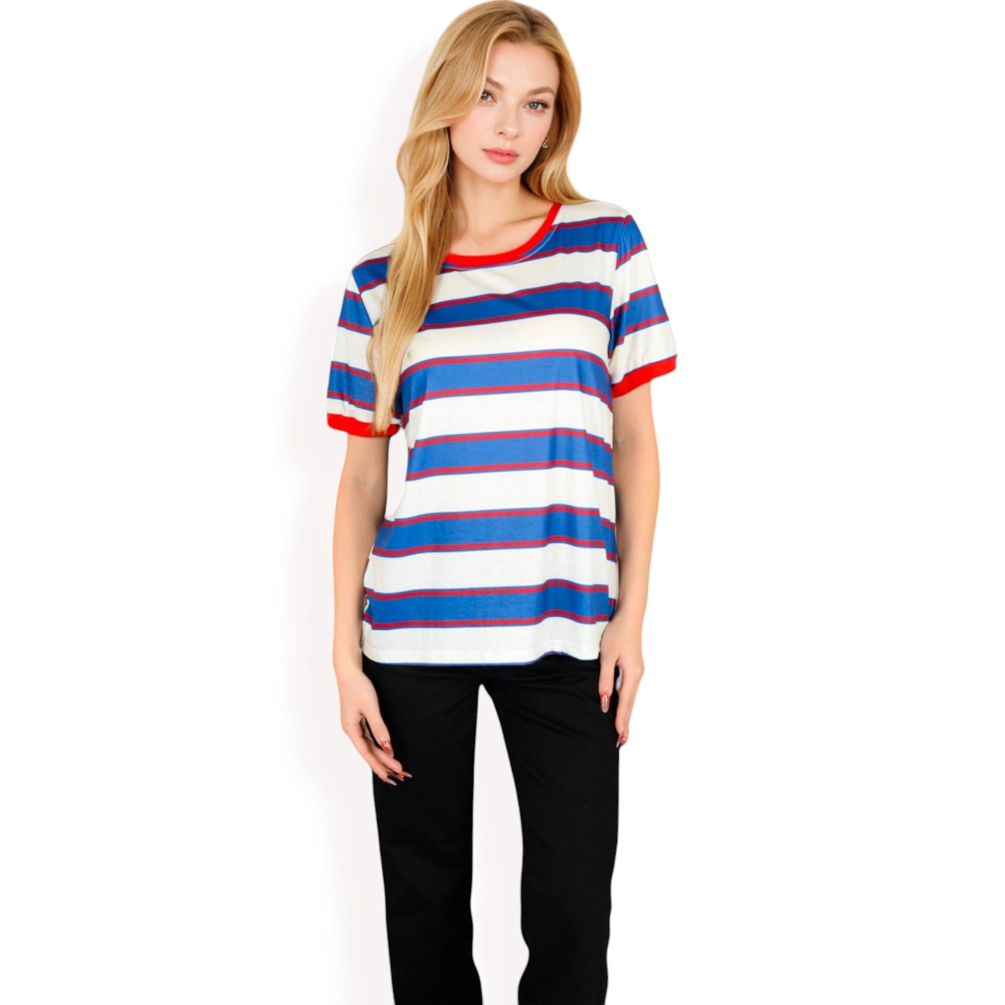 Short Sleeve Striped Casual Tee with Contrast Trim