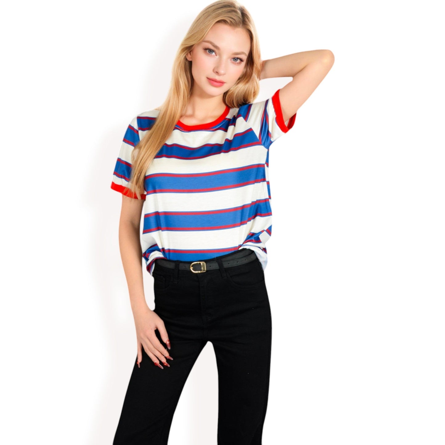 Short Sleeve Striped Casual Tee with Contrast Trim