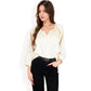 3/4 Sleeve Blouse with Gathered Neckline and Button Details