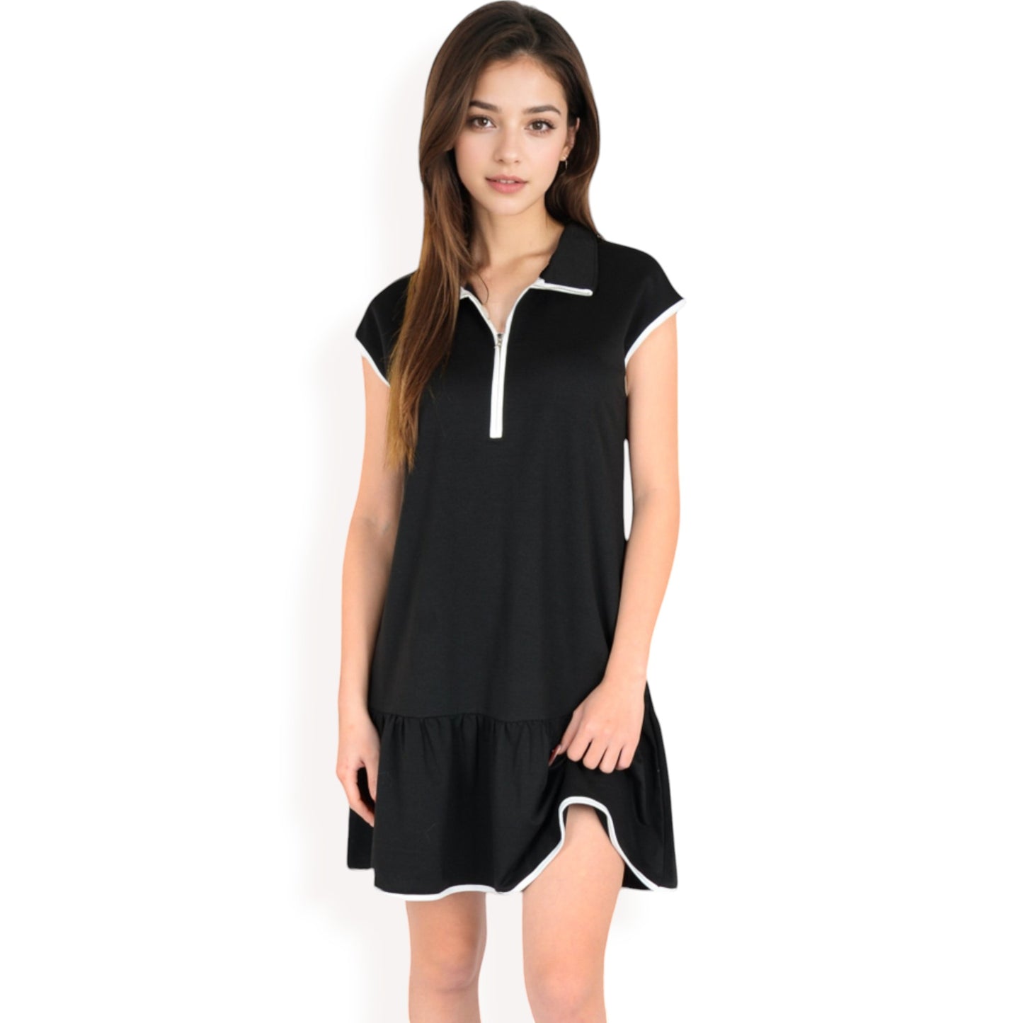 Zip-Up Collared Dress with Ruffle Hem