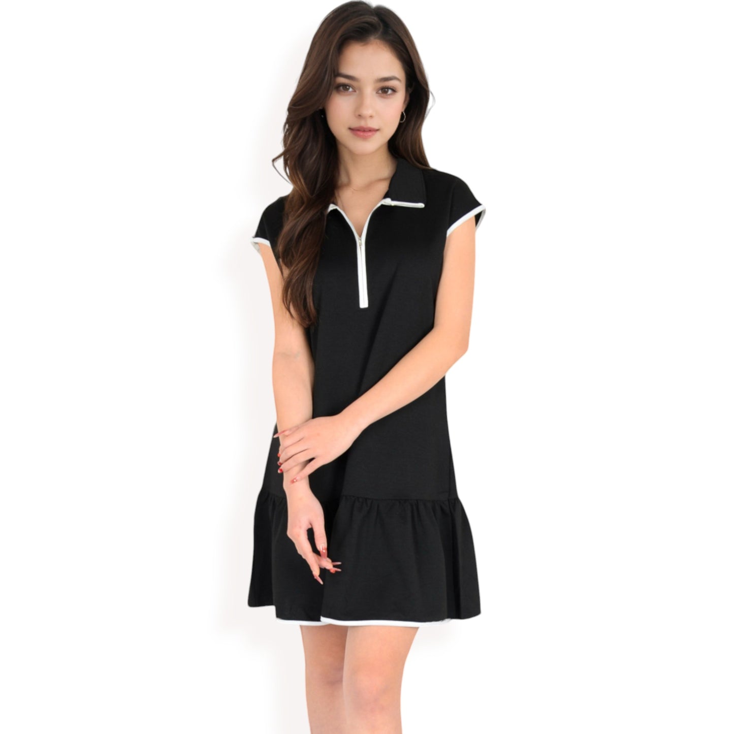 Zip-Up Collared Dress with Ruffle Hem