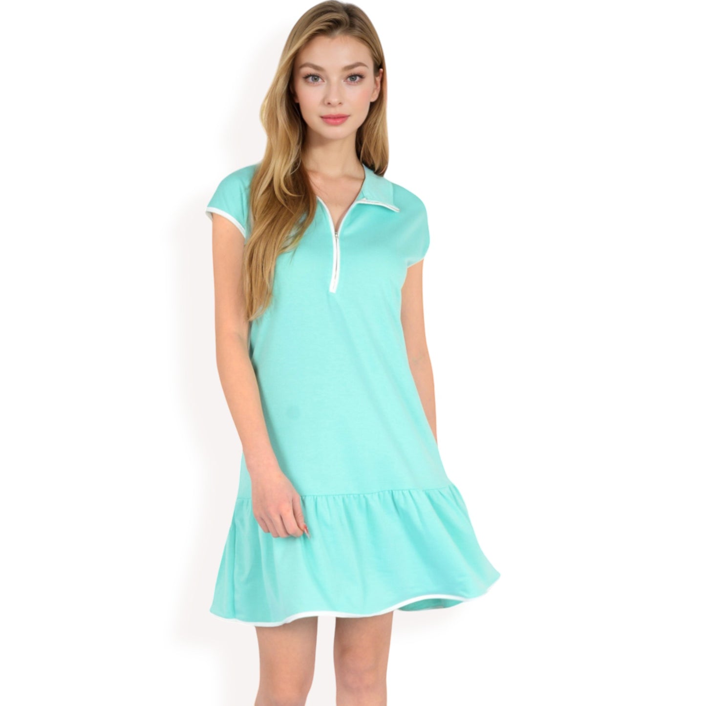 Zip-Up Collared Dress with Ruffle Hem