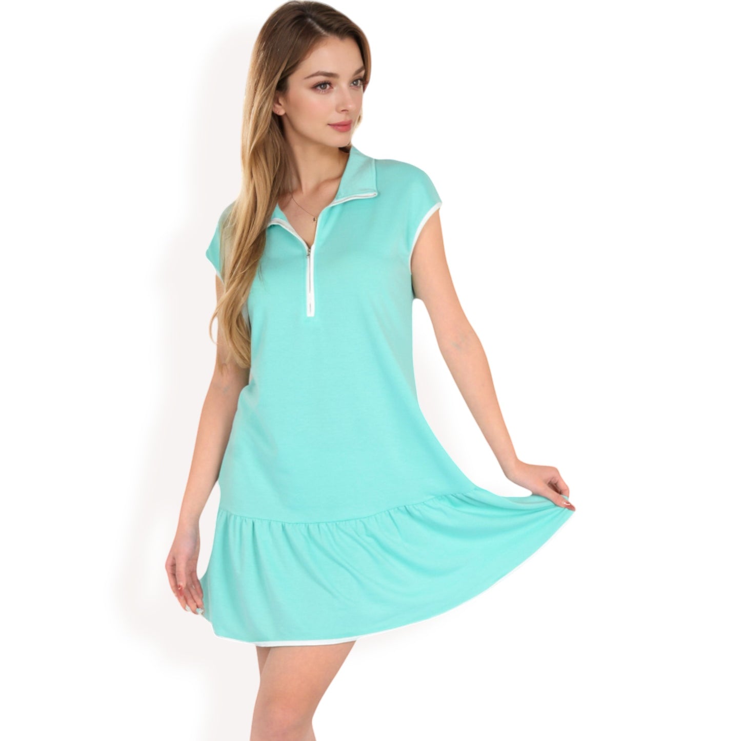 Zip-Up Collared Dress with Ruffle Hem