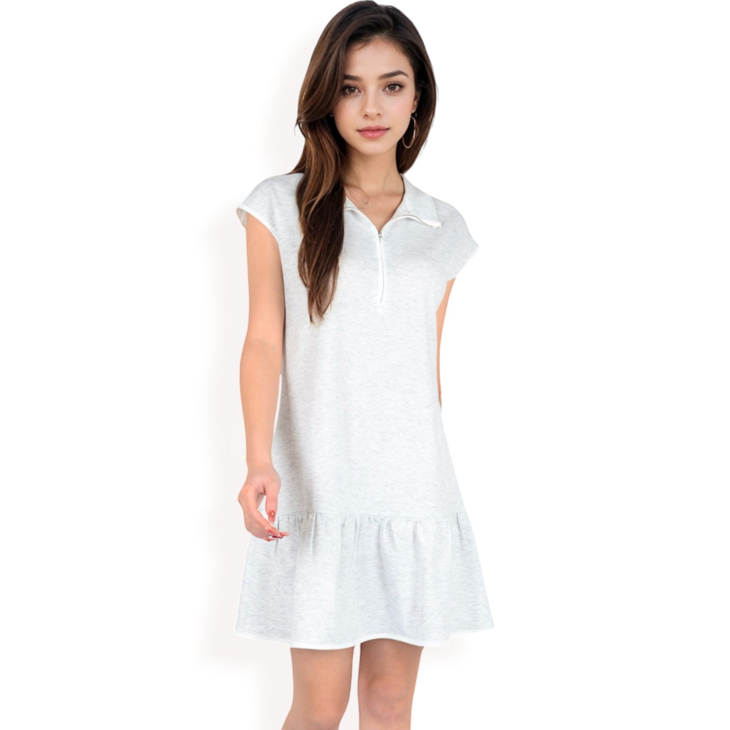 Zip-Up Collared Dress with Ruffle Hem