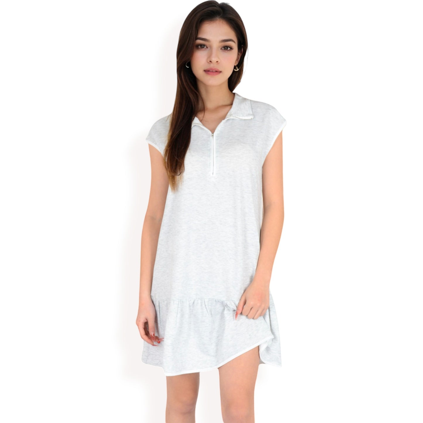 Zip-Up Collared Dress with Ruffle Hem