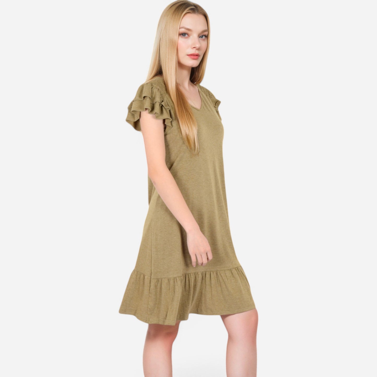 Women's Ruffle Sleeve V-Neck Dress with Tiered Hem and Relaxed Fit