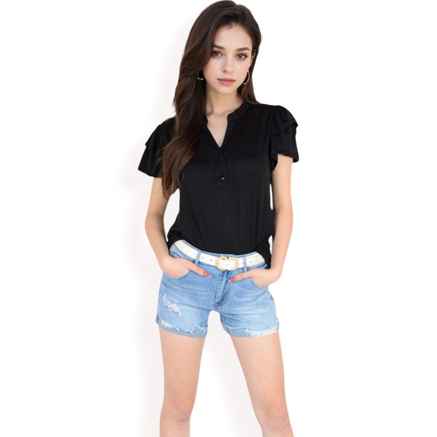 Ruffle Sleeve Henley Top with Button Front Detail