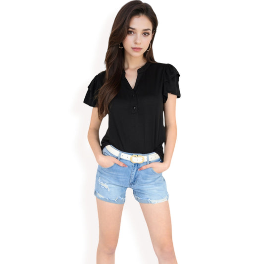 Ruffle Sleeve Henley Top with Button Front Detail