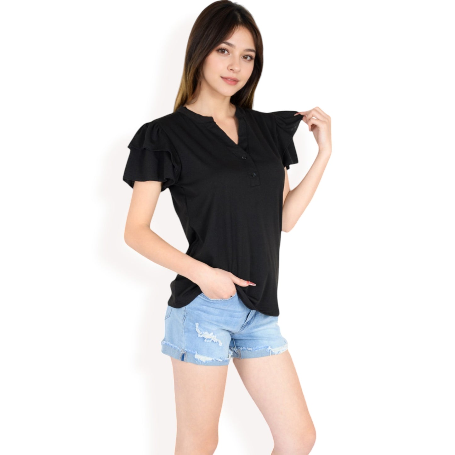 Ruffle Sleeve Henley Top with Button Front Detail