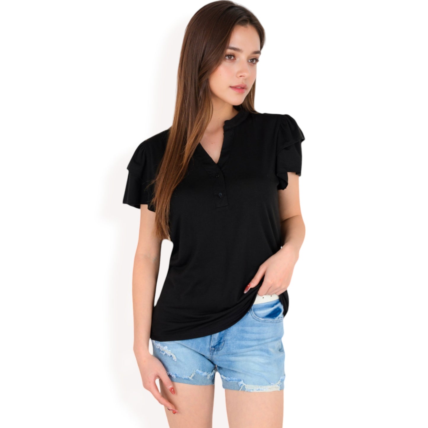 Ruffle Sleeve Henley Top with Button Front Detail