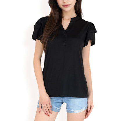 Ruffle Sleeve Henley Top with Button Front Detail