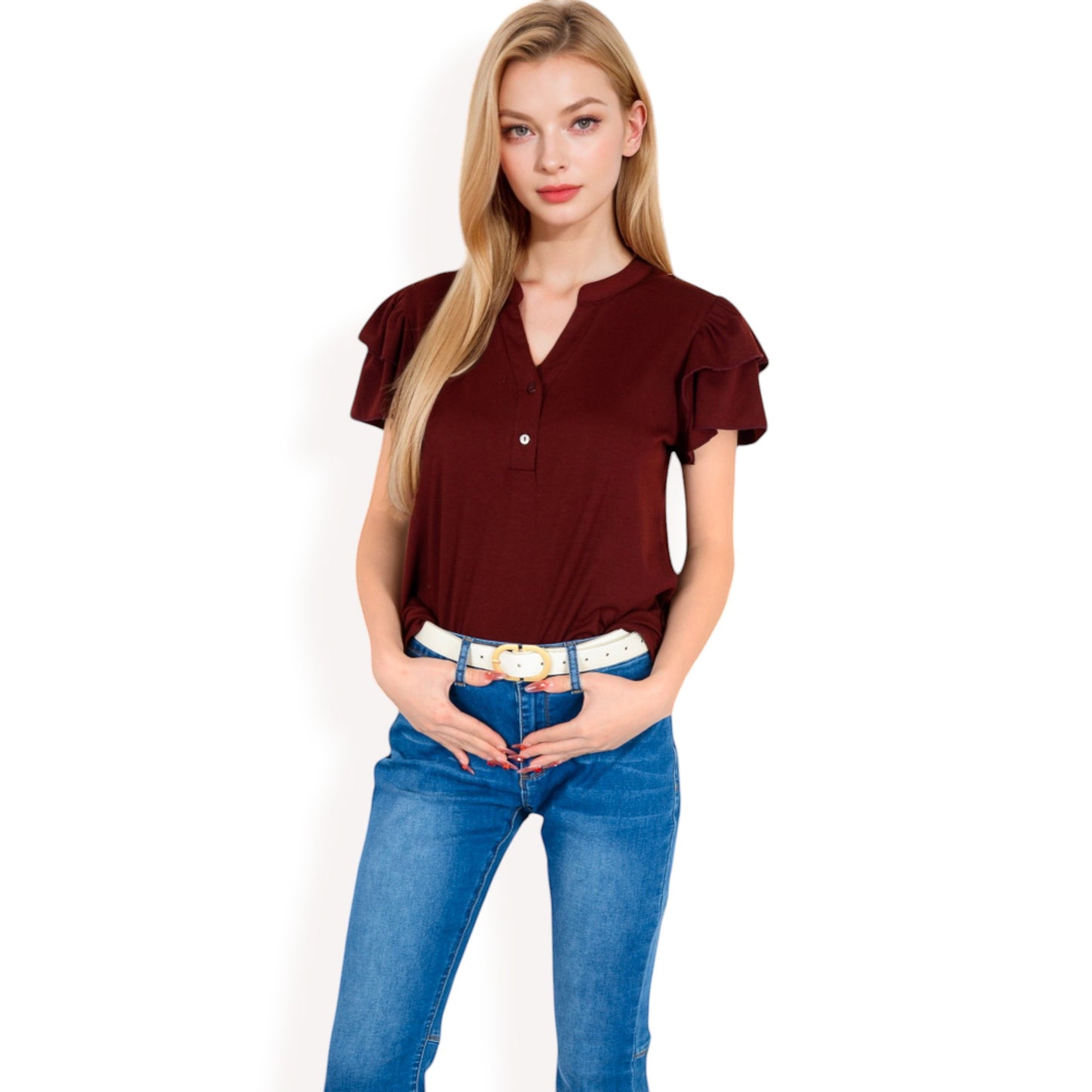 Ruffle Sleeve Henley Top with Button Front Detail