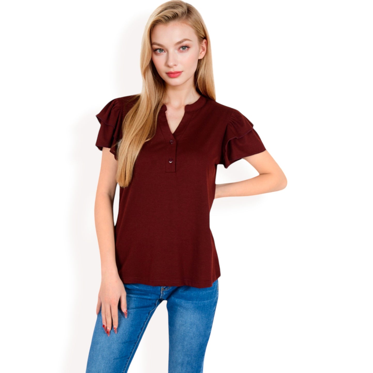 Ruffle Sleeve Henley Top with Button Front Detail