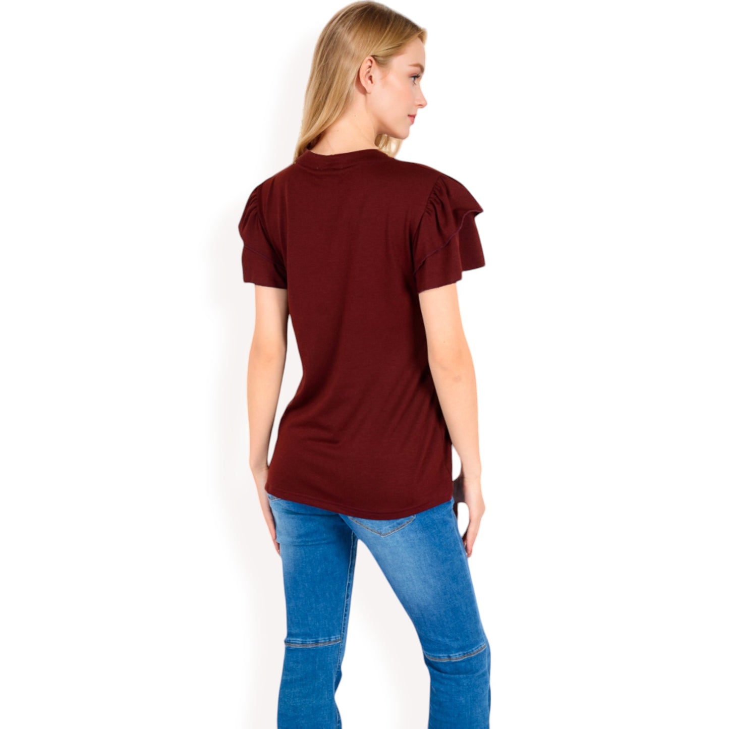 Ruffle Sleeve Henley Top with Button Front Detail