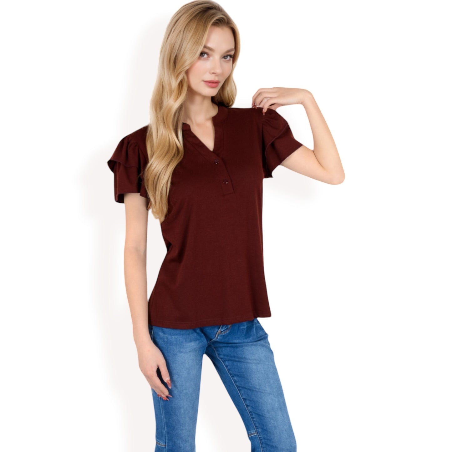 Ruffle Sleeve Henley Top with Button Front Detail