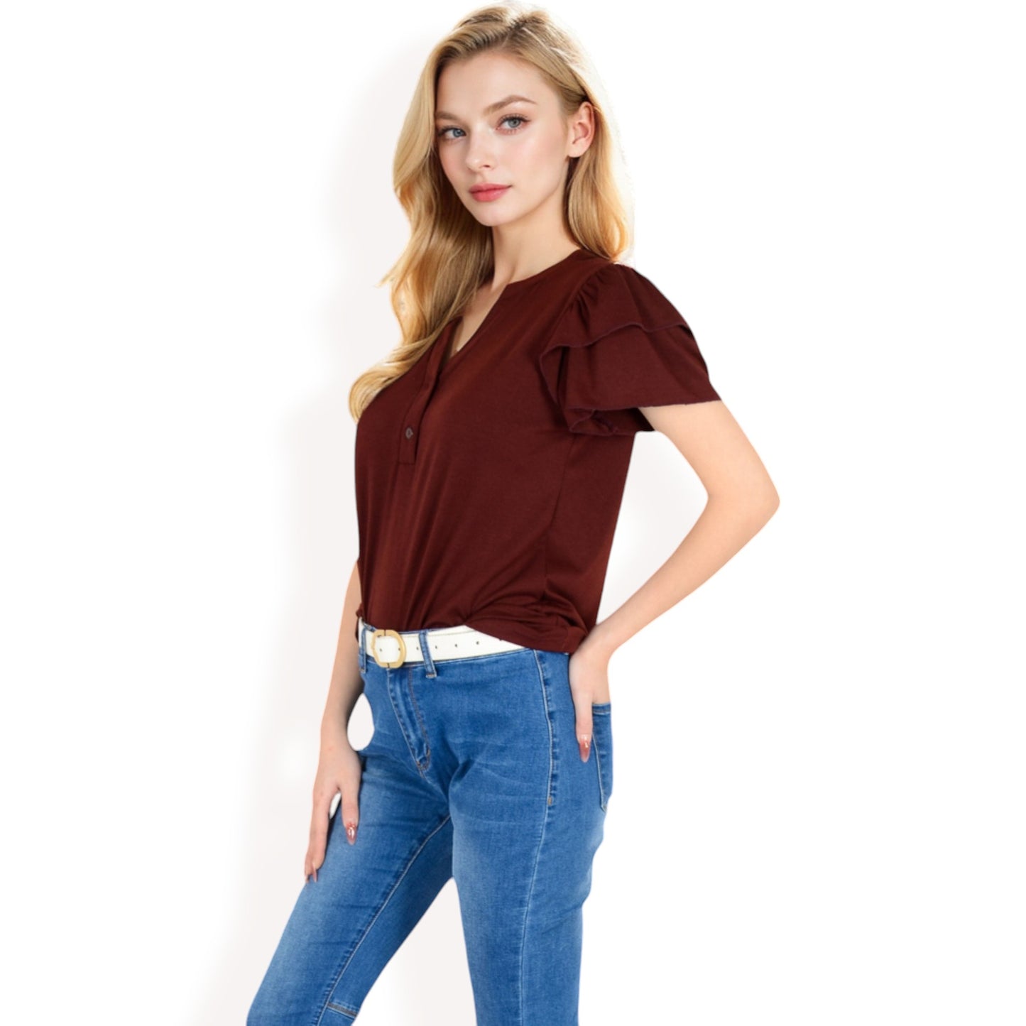 Ruffle Sleeve Henley Top with Button Front Detail