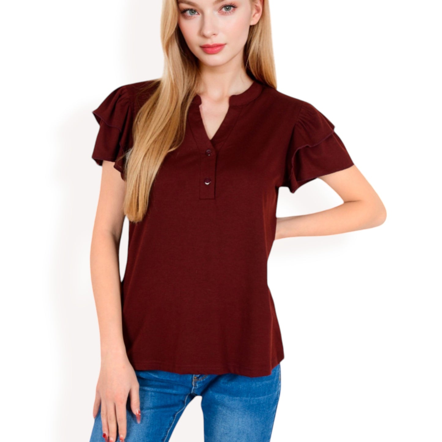 Ruffle Sleeve Henley Top with Button Front Detail