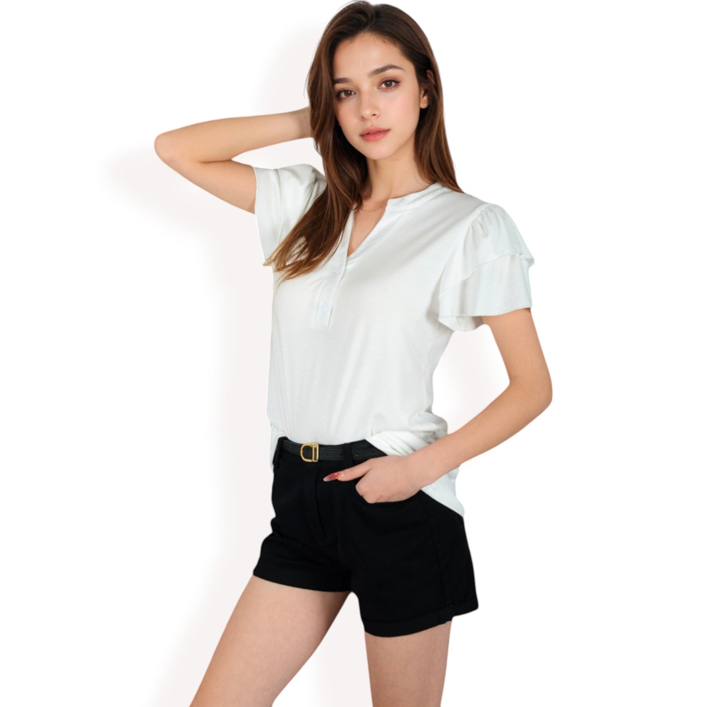 Ruffle Sleeve Henley Top with Button Front Detail