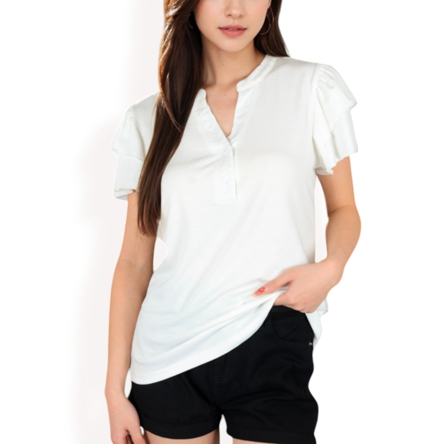 Ruffle Sleeve Henley Top with Button Front Detail