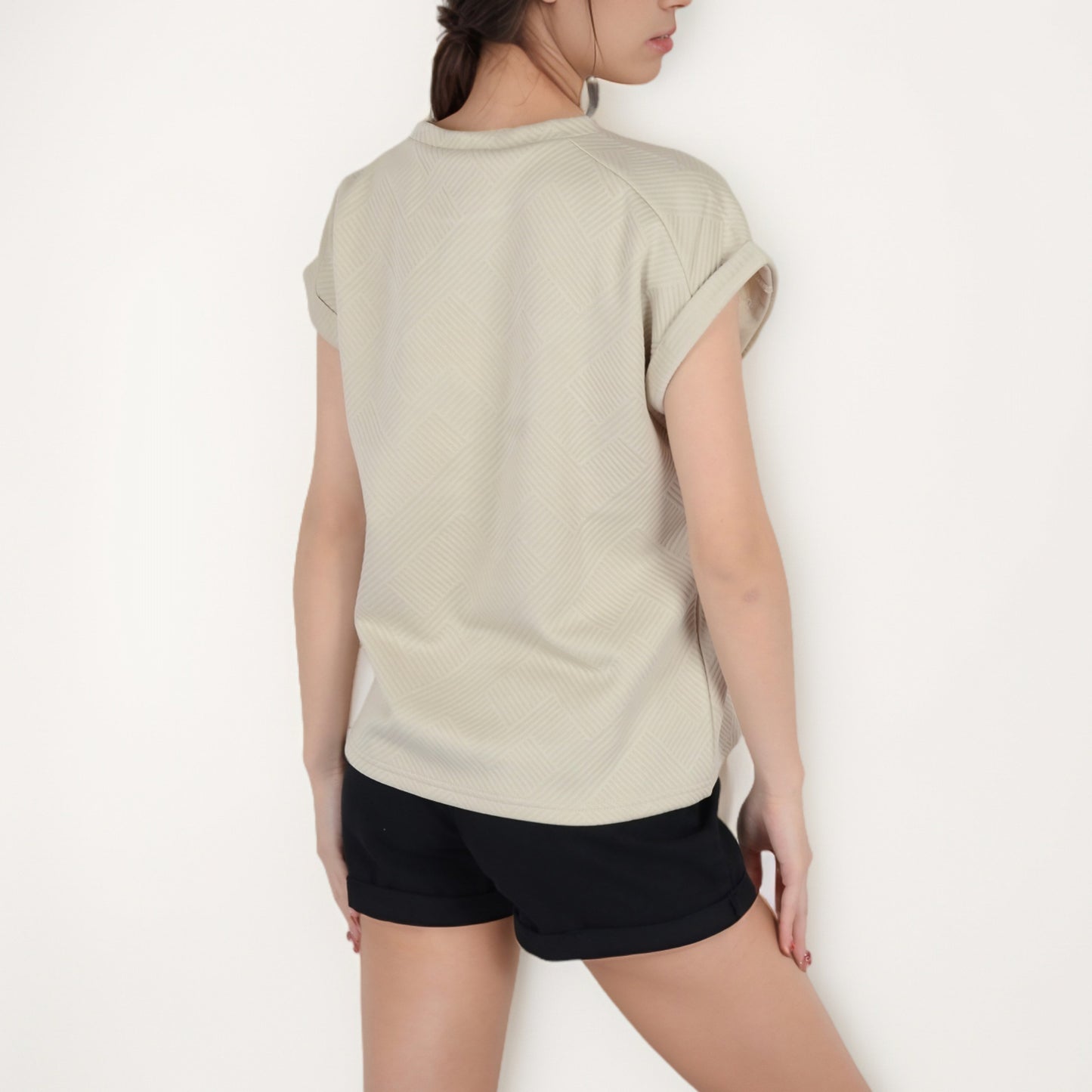 Textured Short Sleeve Pullover Top with Rolled Cuffs and Subtle Geometric Pattern