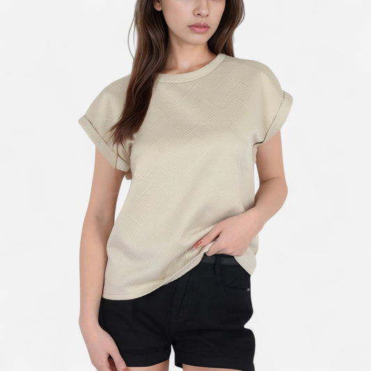 Textured Short Sleeve Pullover Top with Rolled Cuffs and Subtle Geometric Pattern