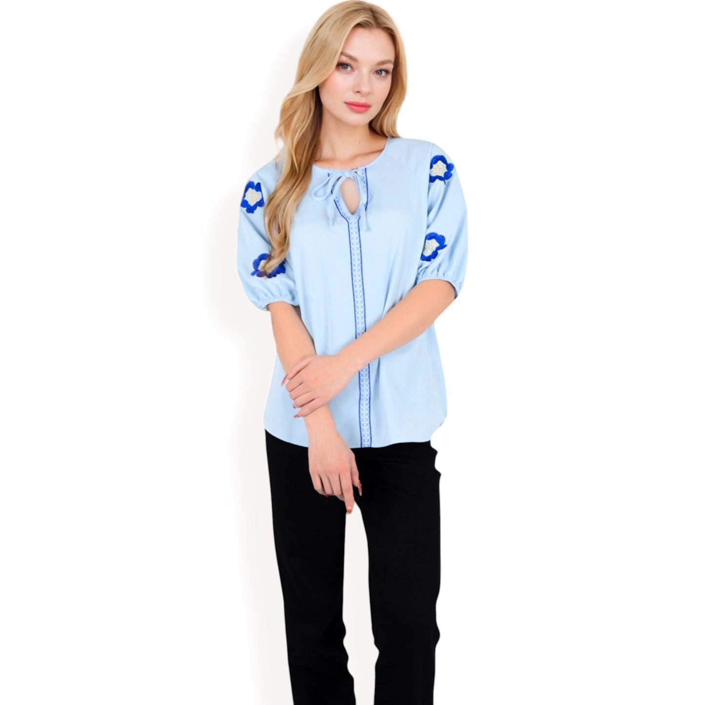 Floral Embroidered Blouse with Puff Sleeves and V-Neckline