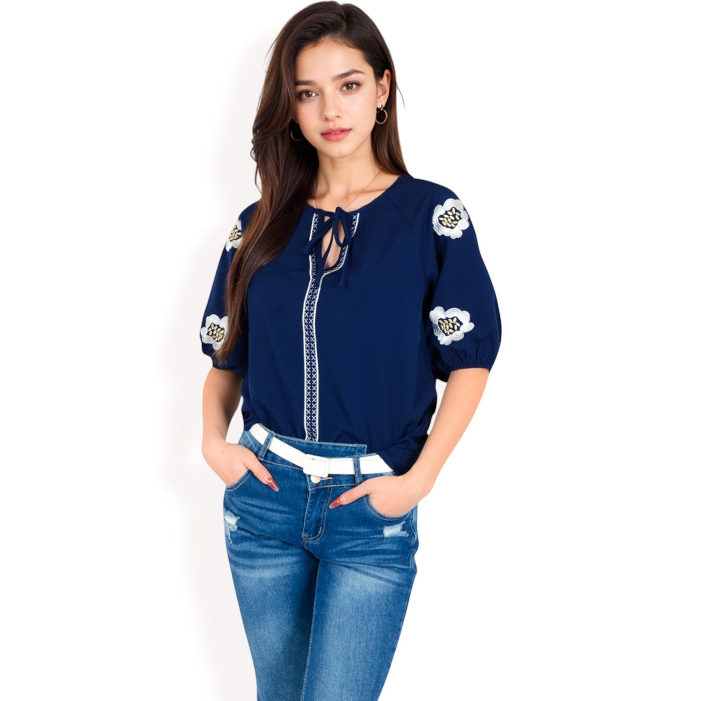 Floral Embroidered Blouse with Puff Sleeves and V-Neckline