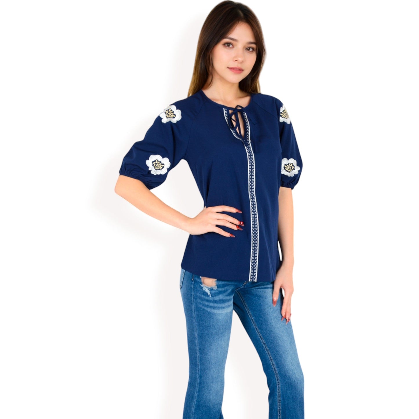 Floral Embroidered Blouse with Puff Sleeves and V-Neckline