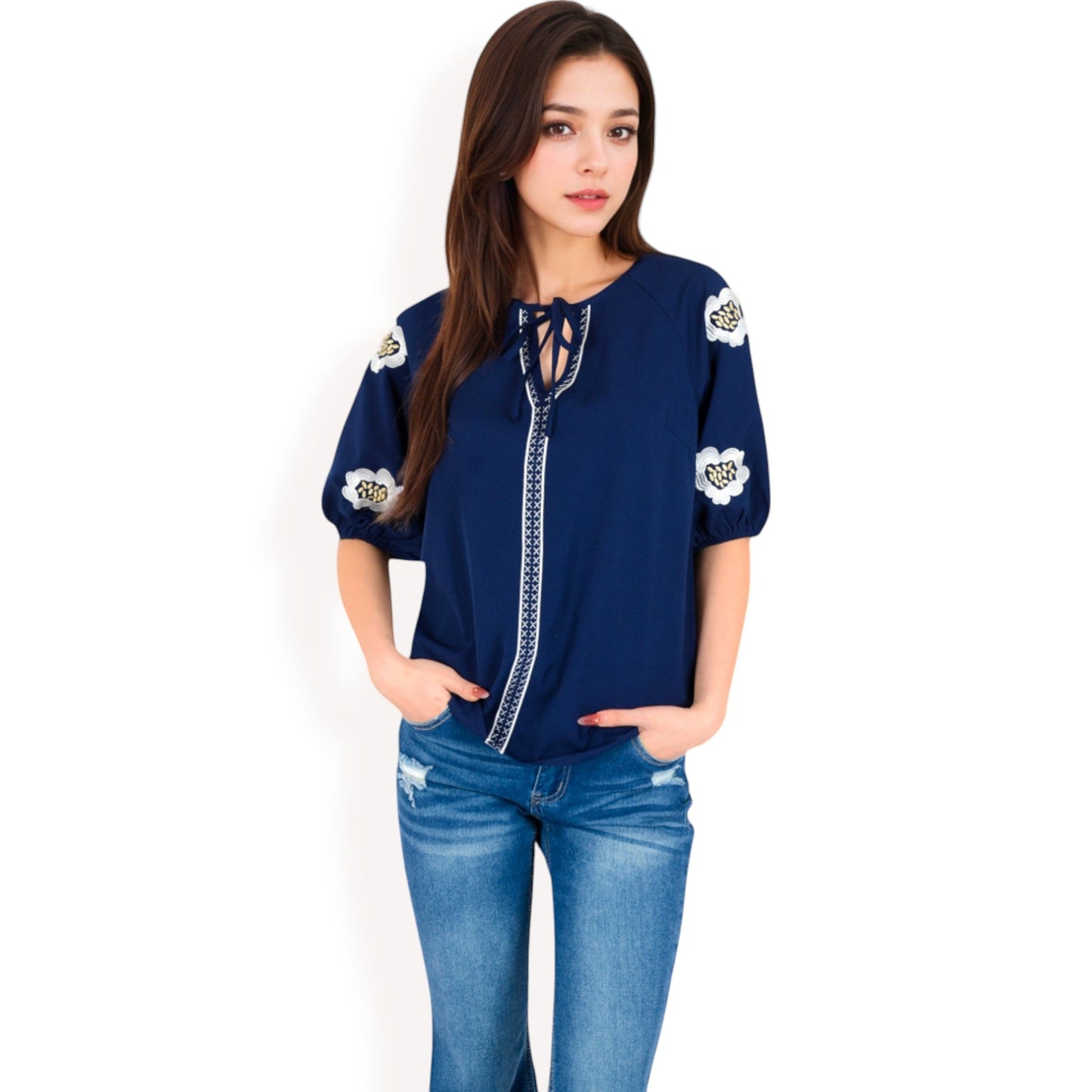 Floral Embroidered Blouse with Puff Sleeves and V-Neckline