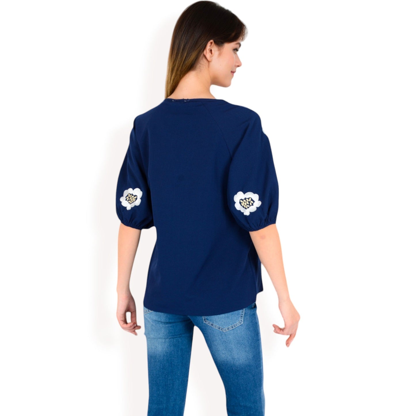 Floral Embroidered Blouse with Puff Sleeves and V-Neckline