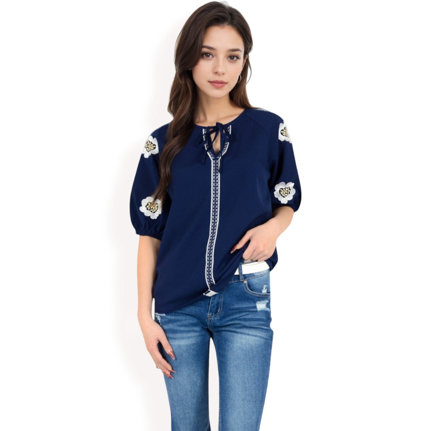 Floral Embroidered Blouse with Puff Sleeves and V-Neckline