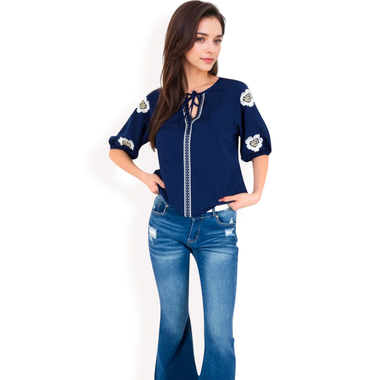 Floral Embroidered Blouse with Puff Sleeves and V-Neckline