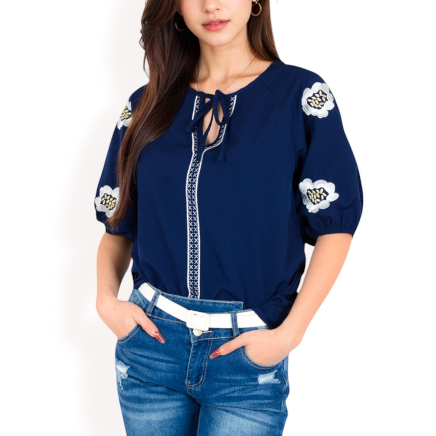 Floral Embroidered Blouse with Puff Sleeves and V-Neckline