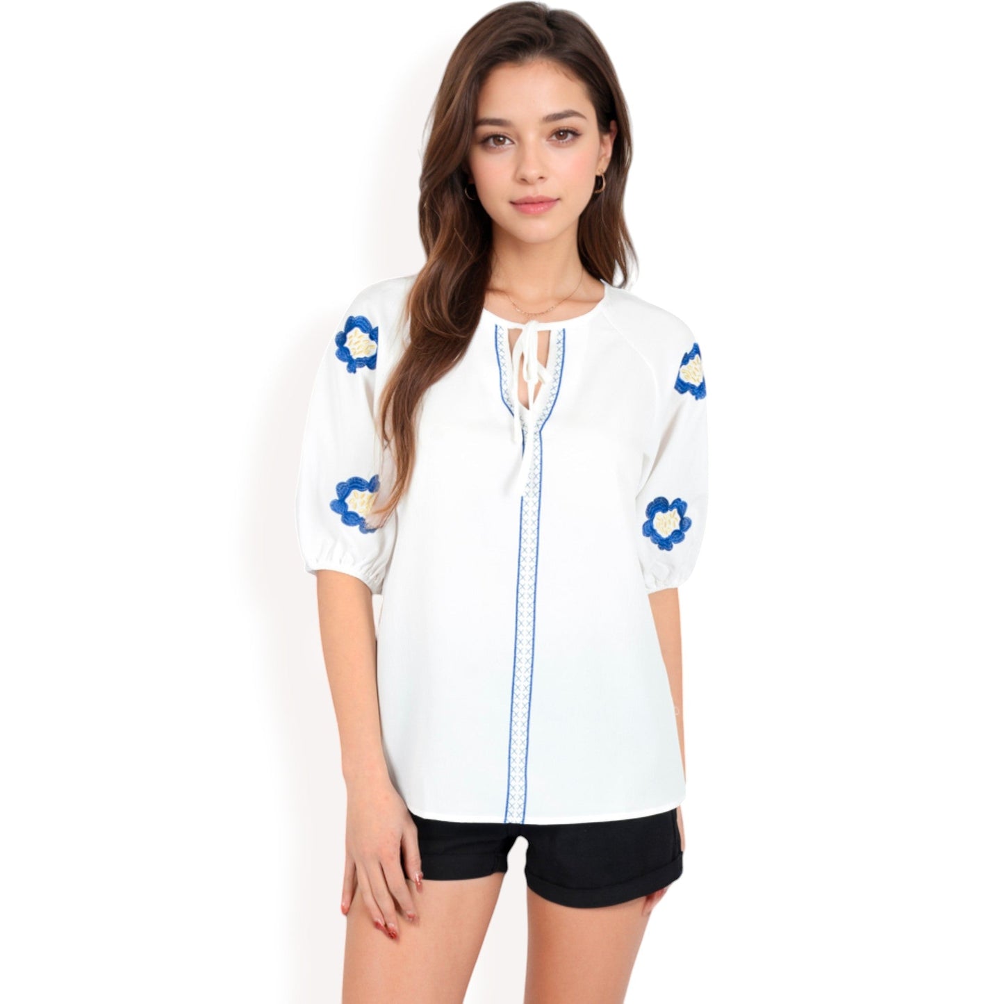 Floral Embroidered Blouse with Puff Sleeves and V-Neckline