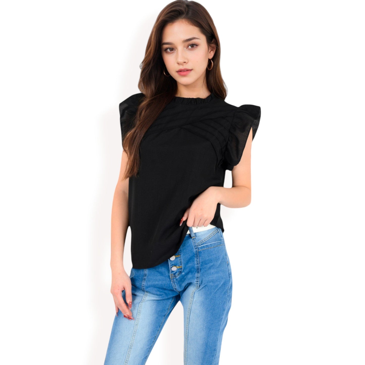 Ruffled Sleeve Pleated Front Knit Top