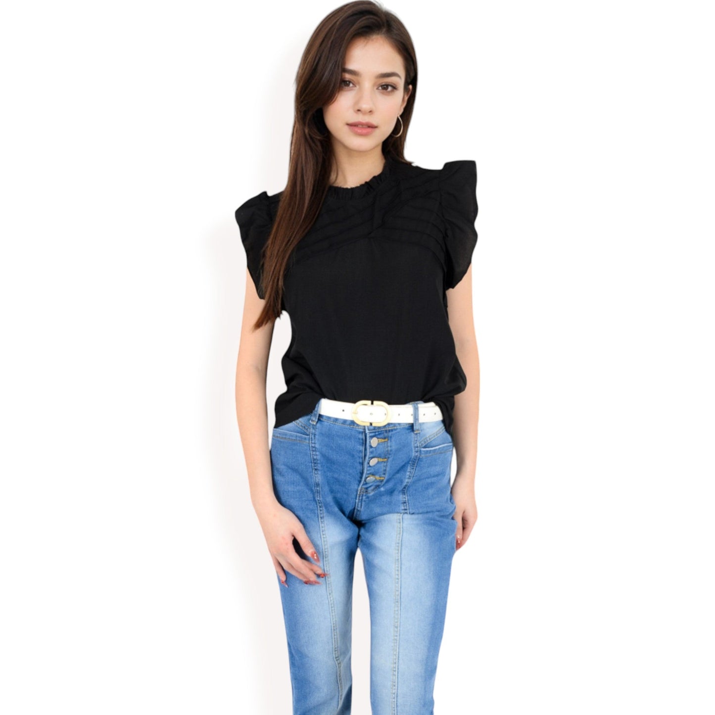 Ruffled Sleeve Pleated Front Knit Top