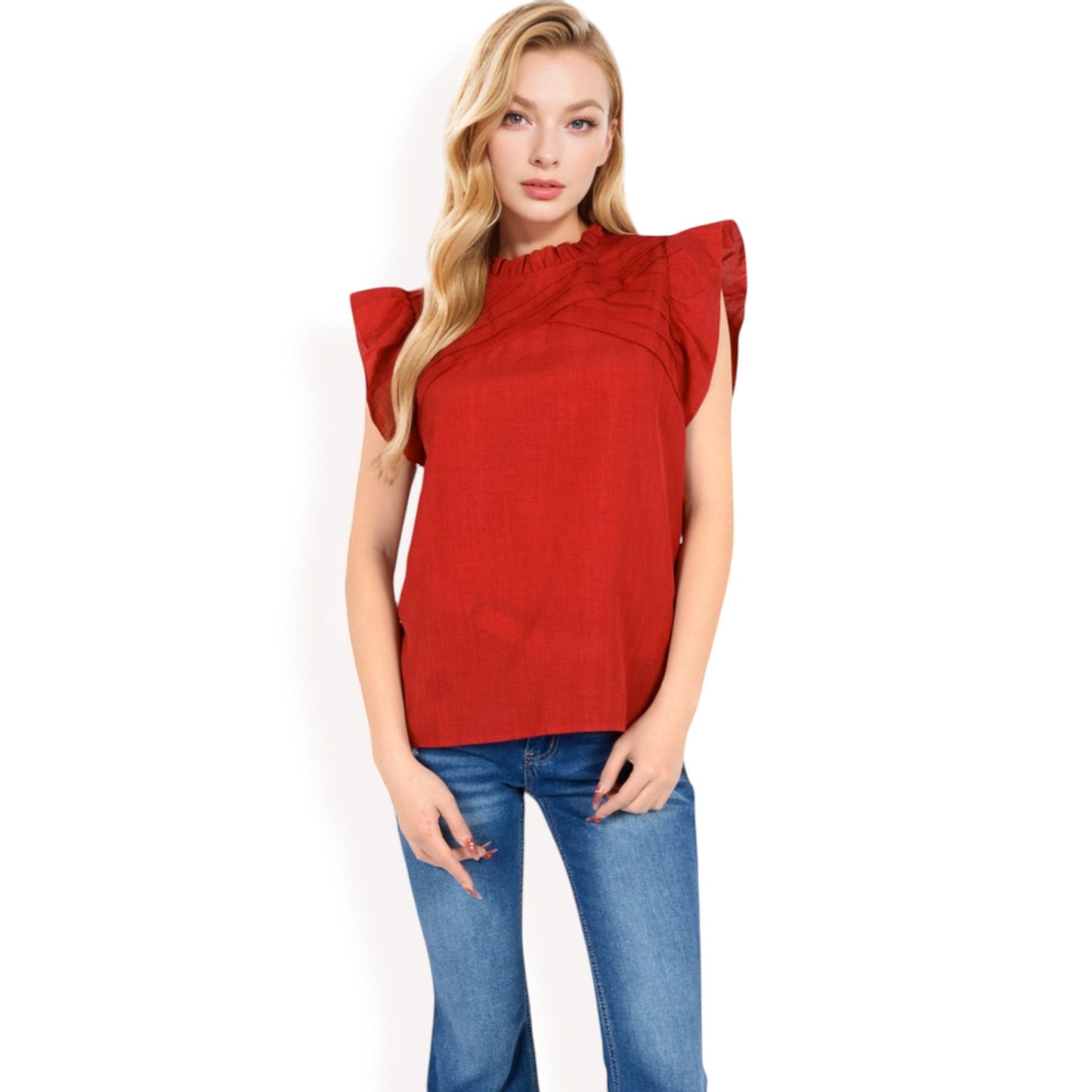 Ruffled Sleeve Pleated Front Knit Top