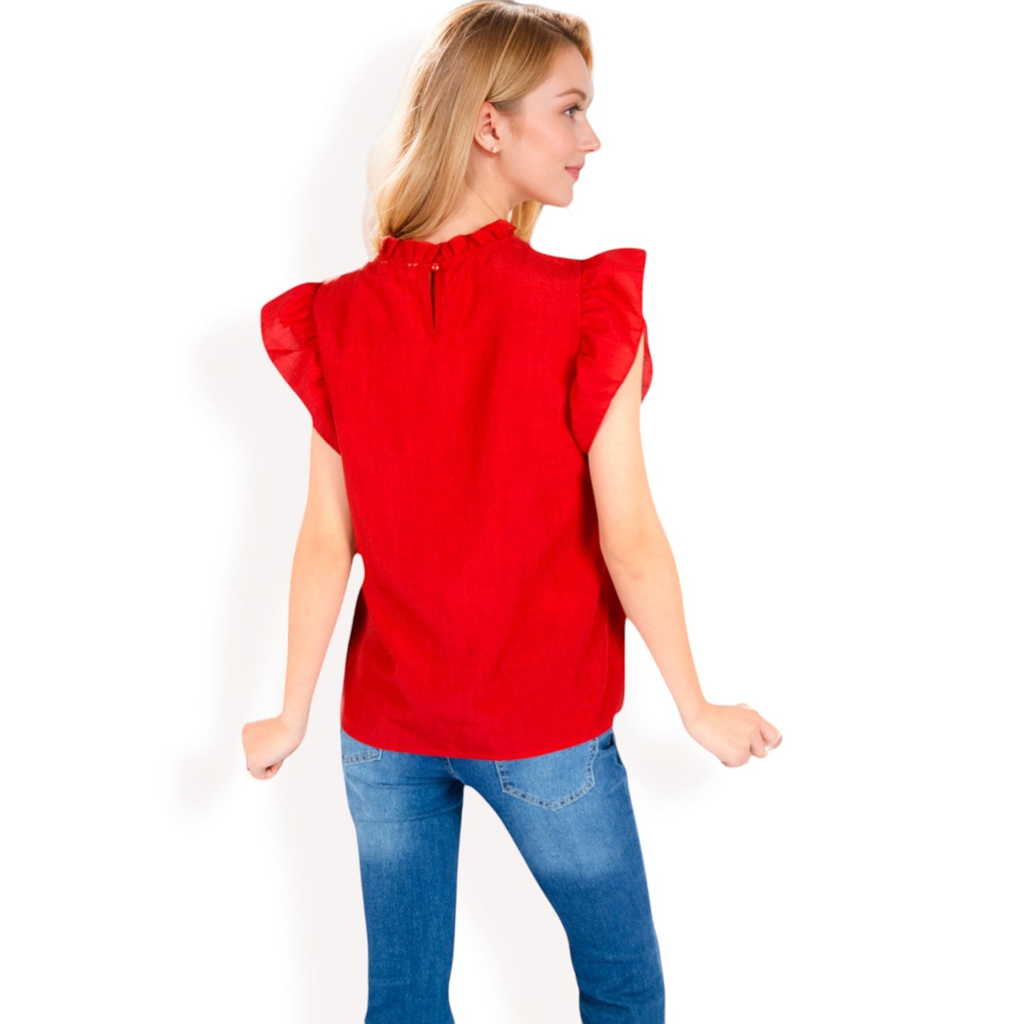Ruffled Sleeve Pleated Front Knit Top