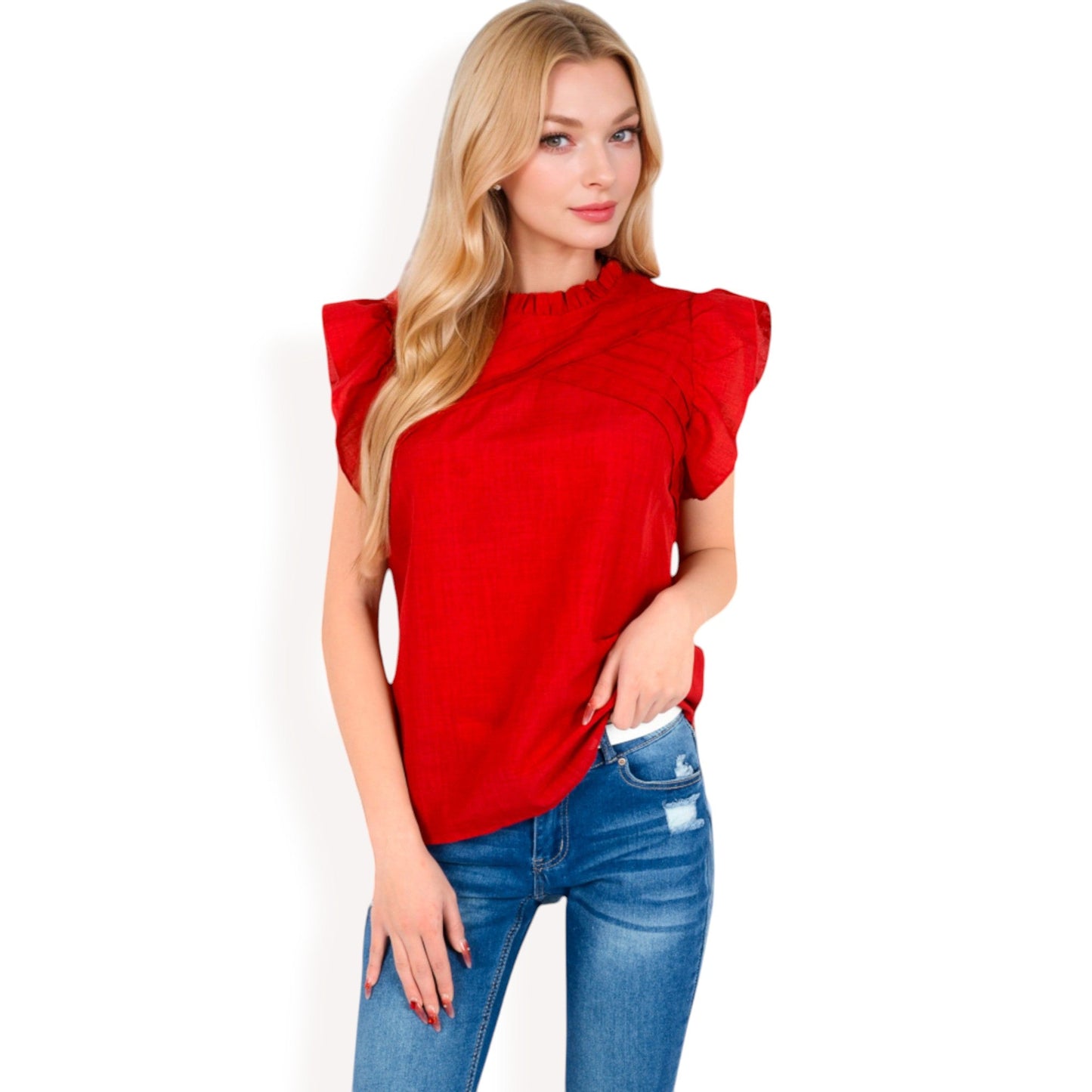 Ruffled Sleeve Pleated Front Knit Top