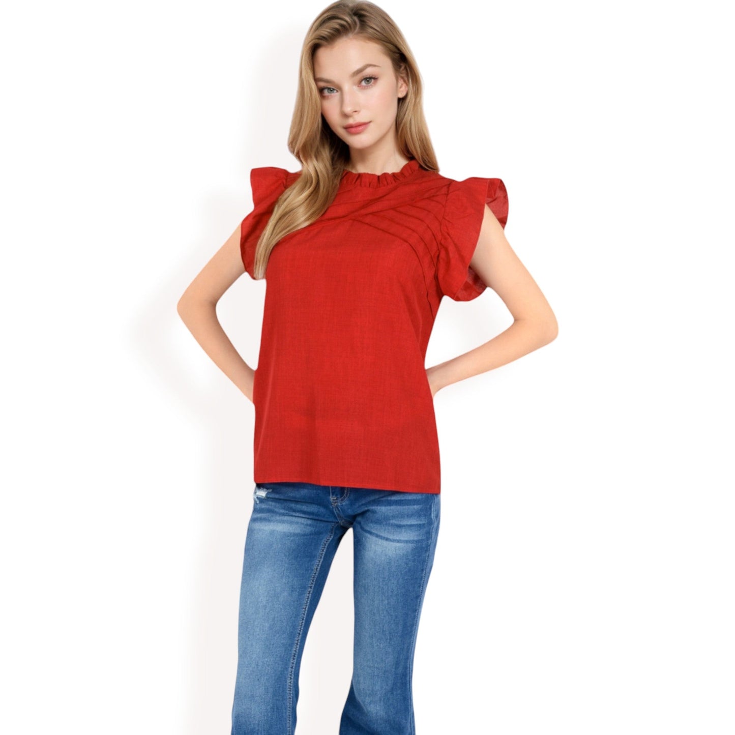 Ruffled Sleeve Pleated Front Knit Top