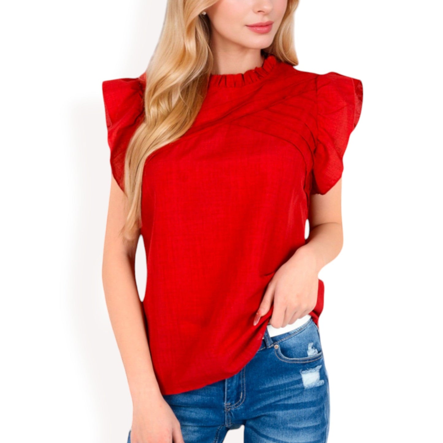 Ruffled Sleeve Pleated Front Knit Top