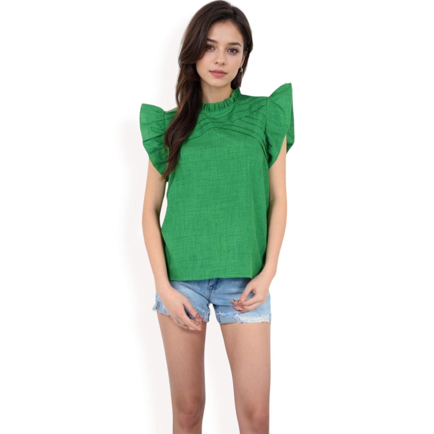 Ruffled Sleeve Pleated Front Knit Top