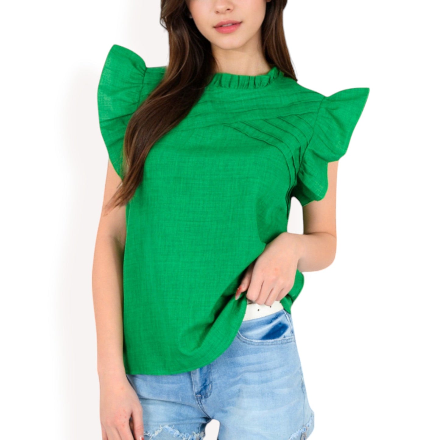 Ruffled Sleeve Pleated Front Knit Top
