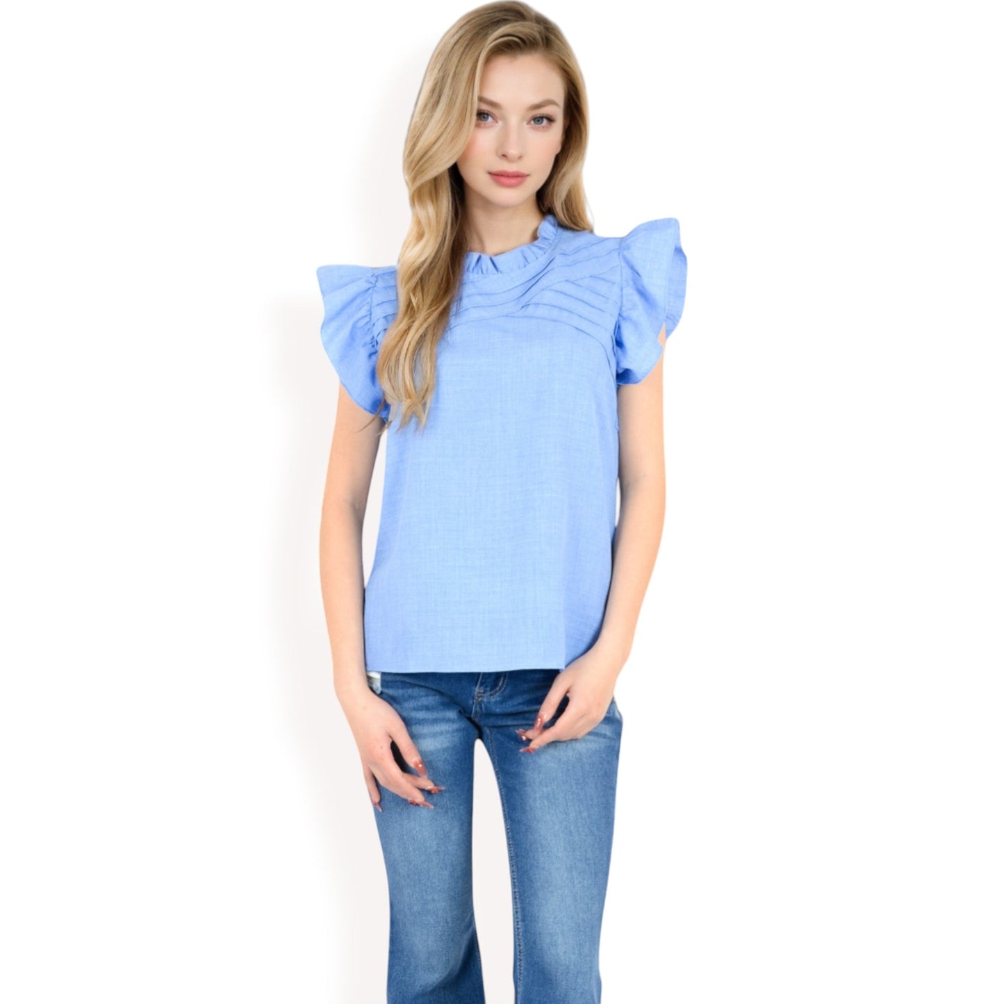 Ruffled Sleeve Pleated Front Knit Top
