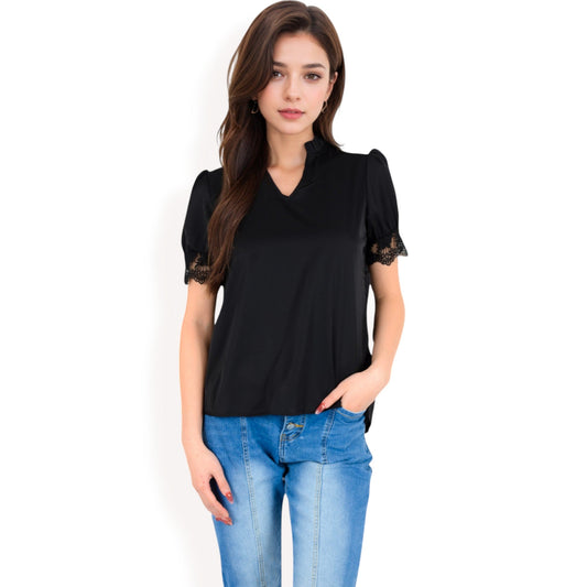 Puff Sleeve Blouse with Delicate Crochet Cuffs and V-Neckline