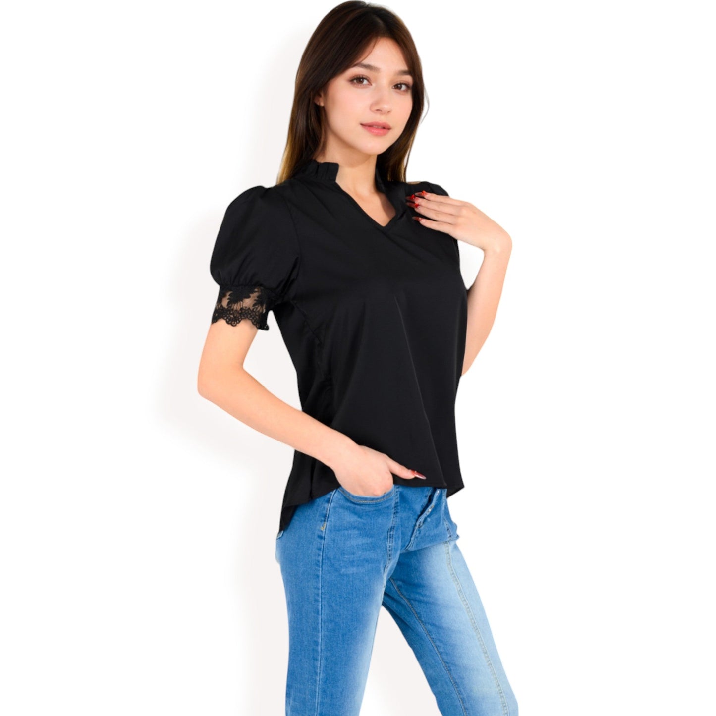 Puff Sleeve Blouse with Delicate Crochet Cuffs and V-Neckline