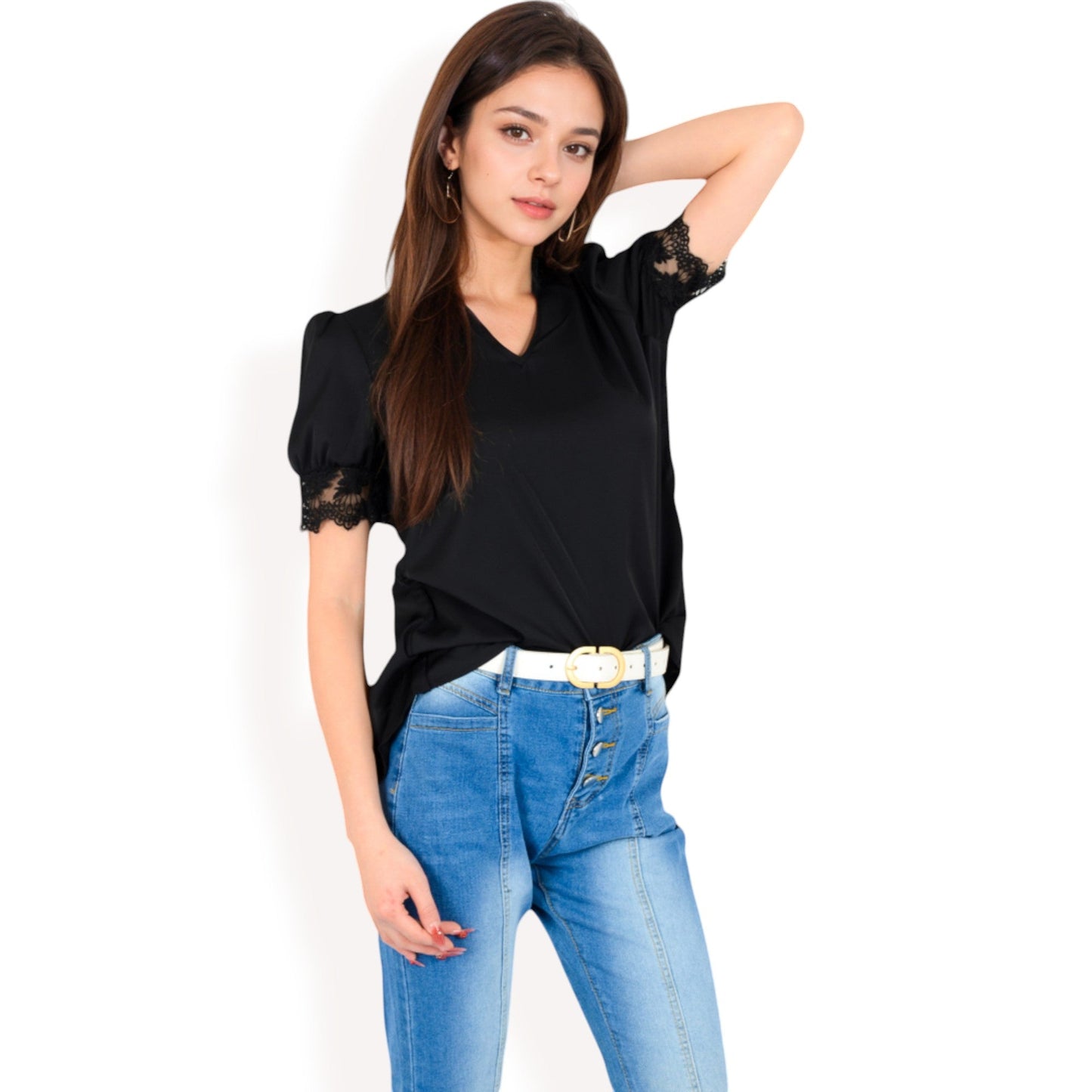 Puff Sleeve Blouse with Delicate Crochet Cuffs and V-Neckline