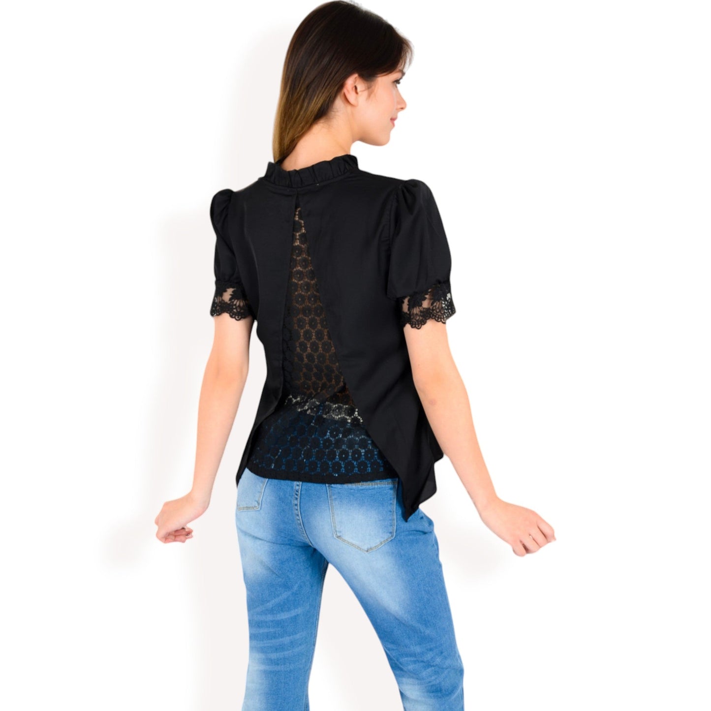 Puff Sleeve Blouse with Delicate Crochet Cuffs and V-Neckline